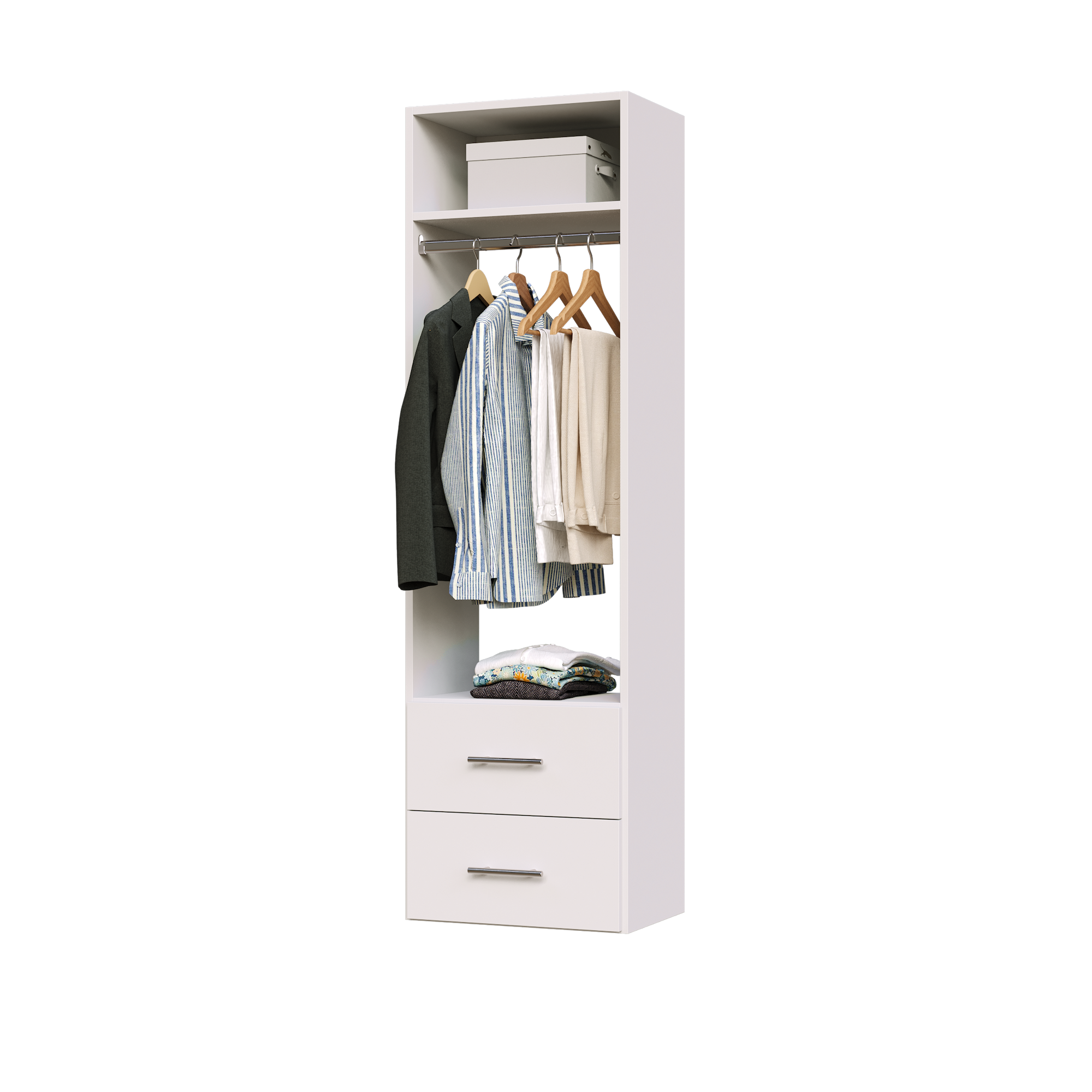 White slab 2-drawer hanging closet tower with a hanging rod, two deep drawers, and an upper shelf for closet organization.