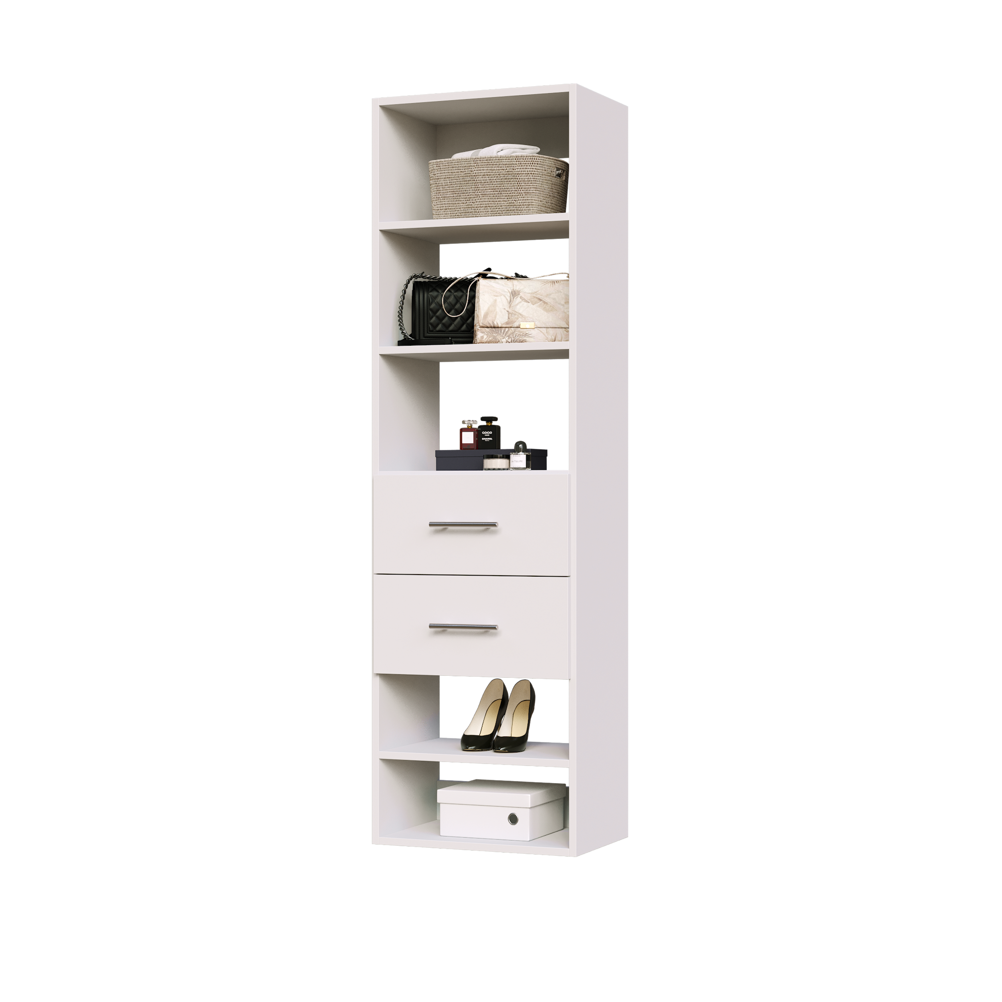 White slab 2-drawer closet shelf tower with five open shelves and two deep drawers for closet organization.