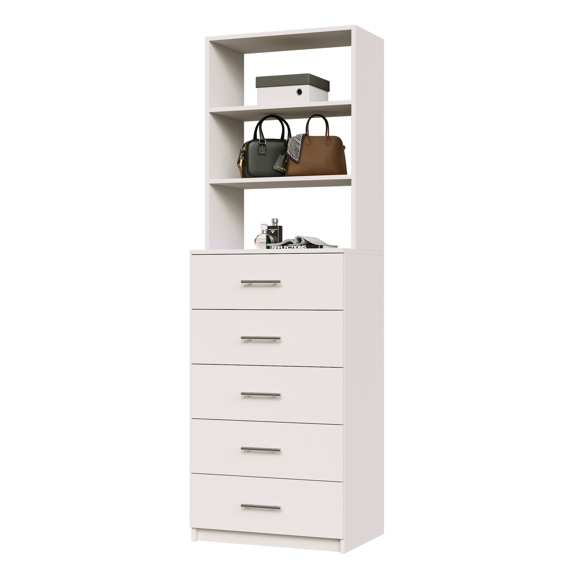 White slab 5-drawer closet tower with five deep drawers and three upper display shelves for closet organization.