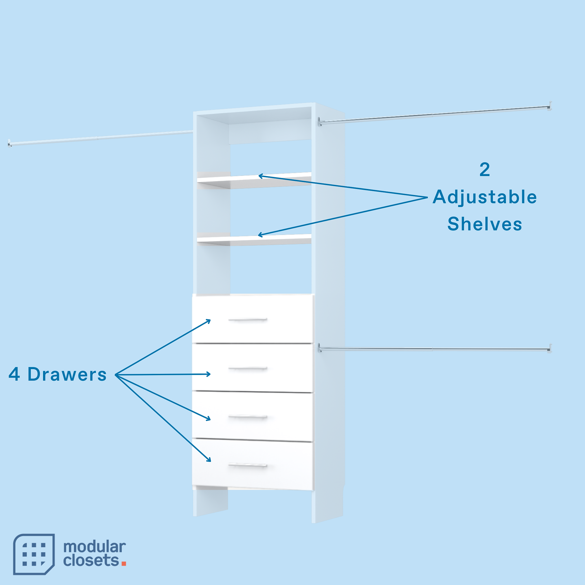 Pico Closet Tower With Drawers & Expanding Hanging Rods