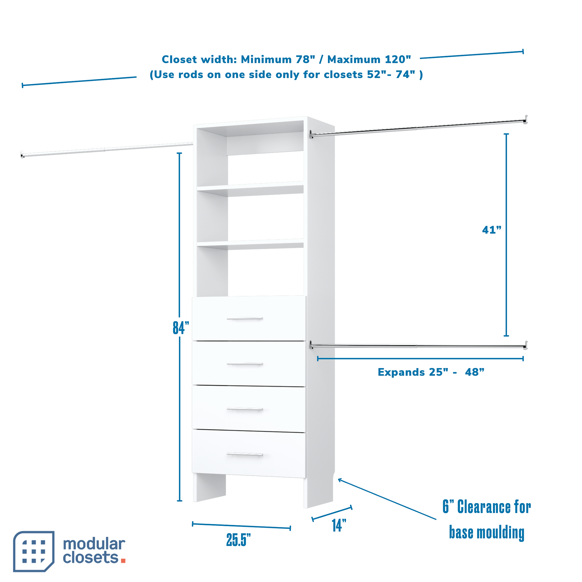 Pico Closet Tower With Drawers & Expanding Hanging Rods