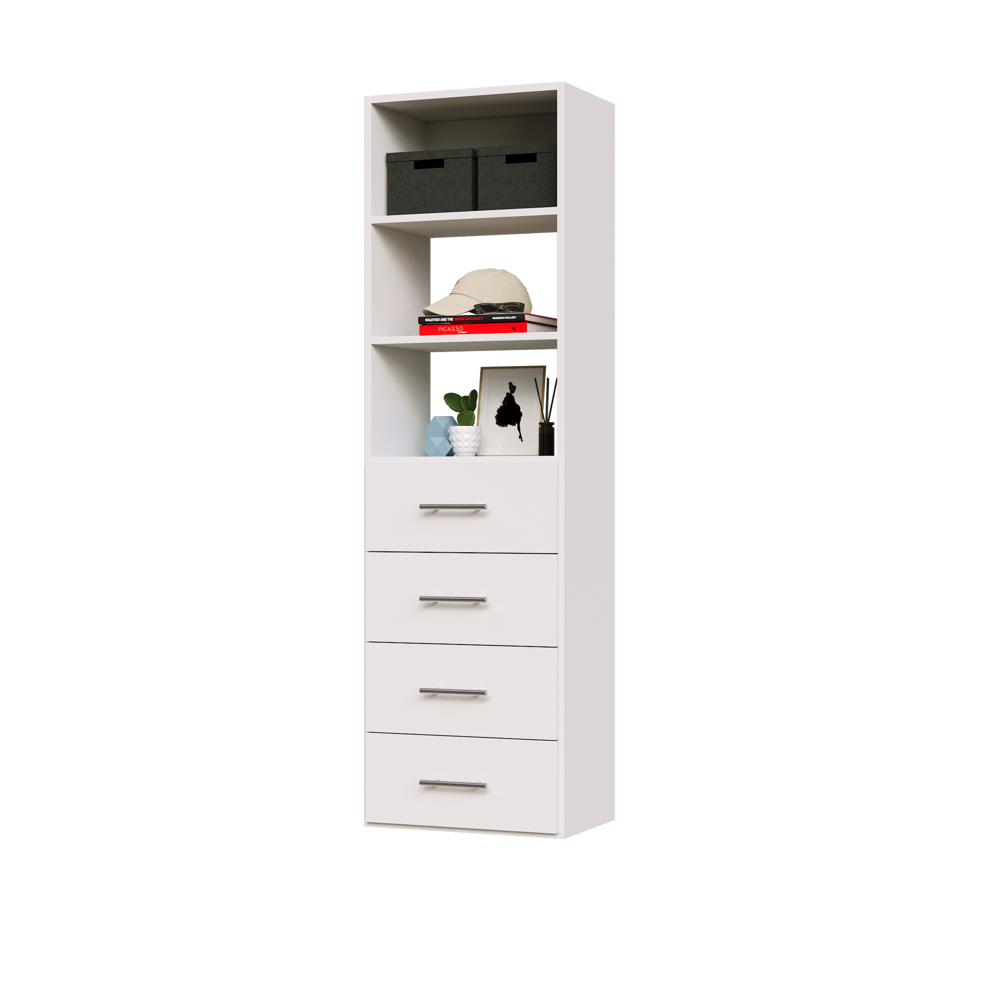 4-drawer shelf tower white 19.5 inch slab closet organizer with slab drawers for folded sweaters in a bedroom closet.