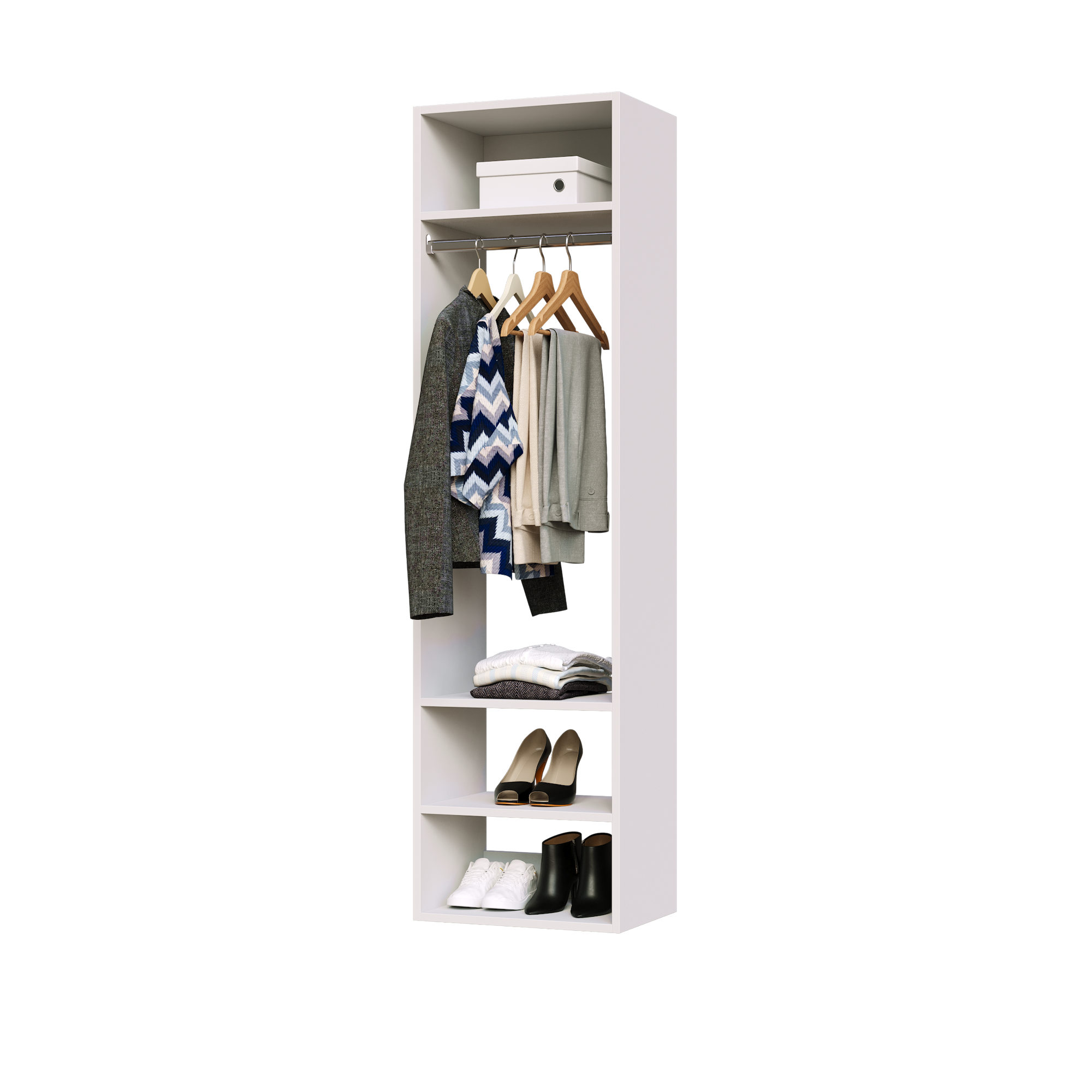 White hanging closet tower with an upper shelf, hanging rod, and three lower shelves for closet organization.