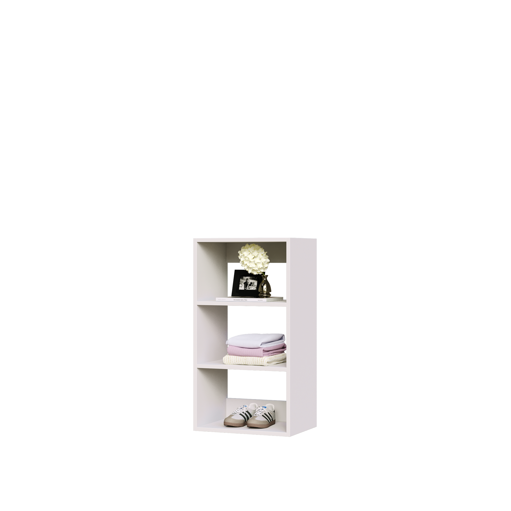 White closet shelves with 3 tiers for wardrobe storage and jewelry display.