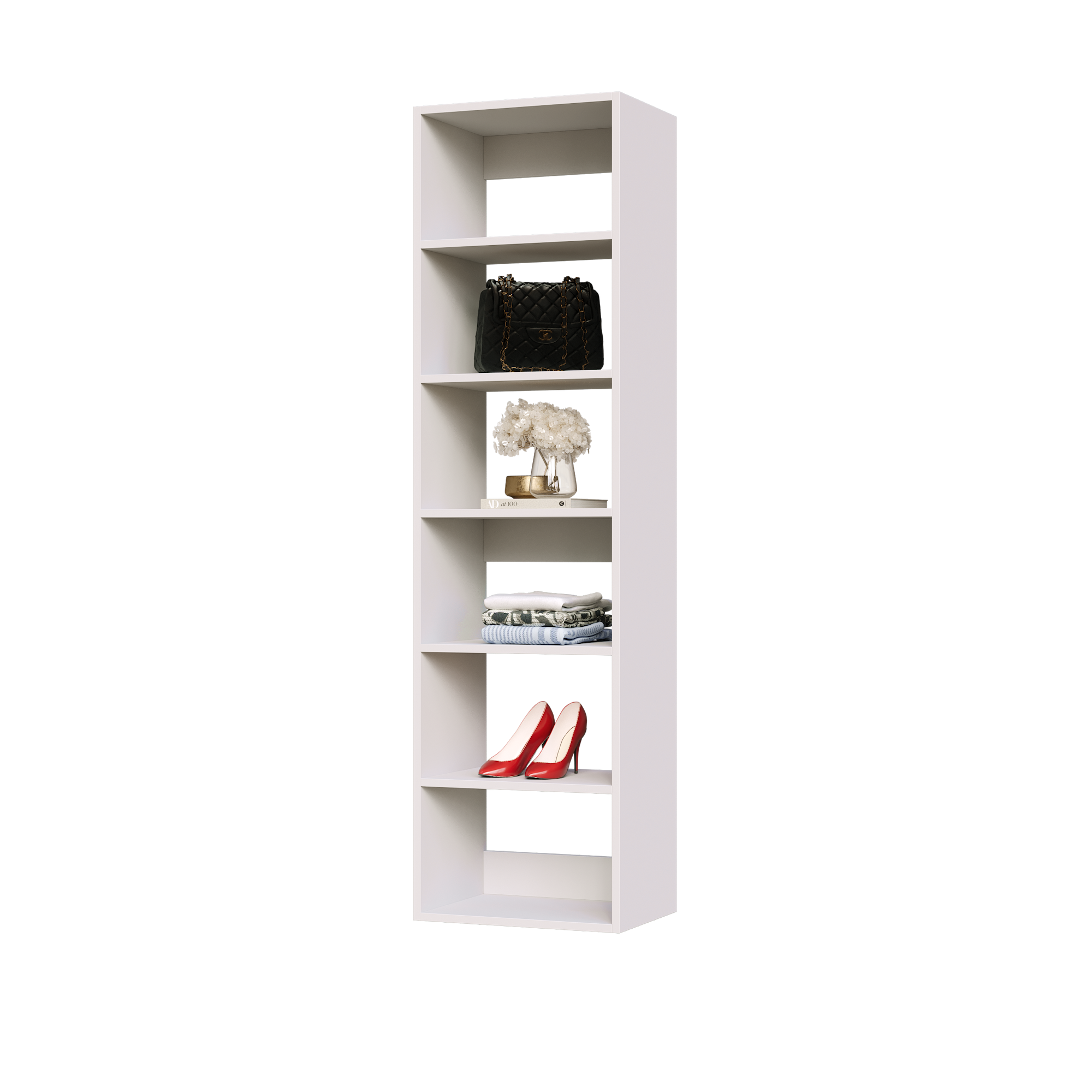 White 18 inch shelf tower for folded sweaters in a narrow closet.