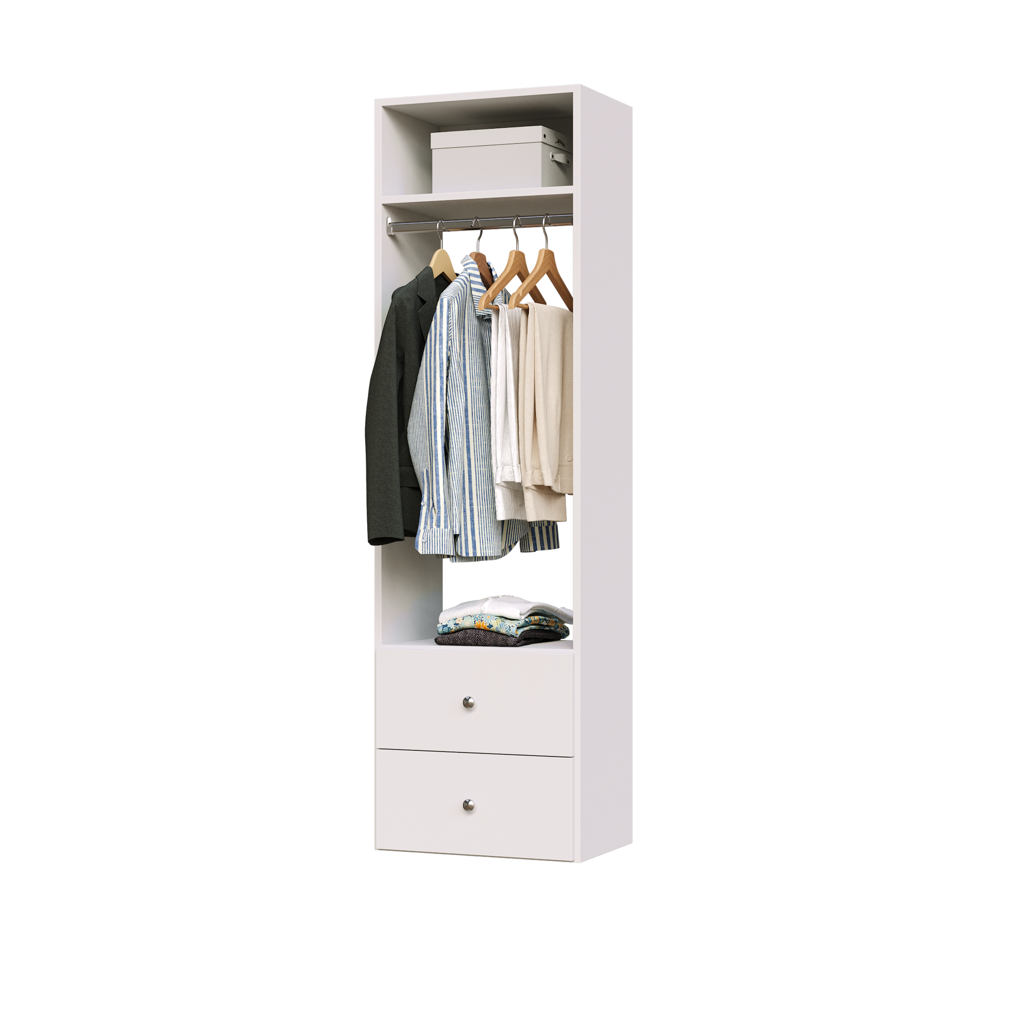 White slab 2-drawer hanging closet tower with a hanging rod, two deep drawers, and an upper shelf for closet organization.