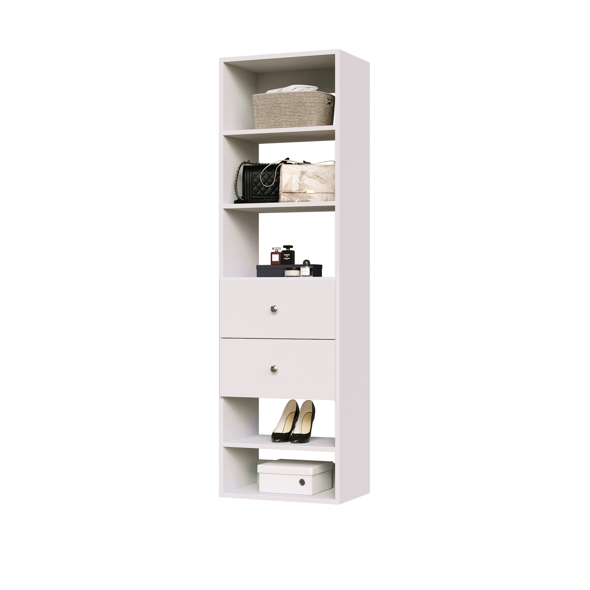 White slab 2-drawer closet shelf tower with five open shelves and two deep drawers for closet organization.