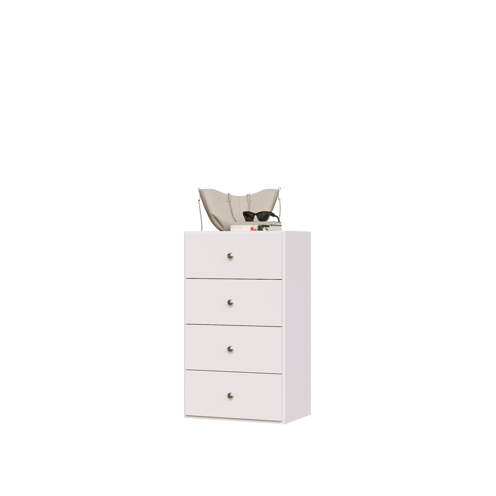White closet drawer cabinet with slab fronts and top surface for jewelry or accessory storage.