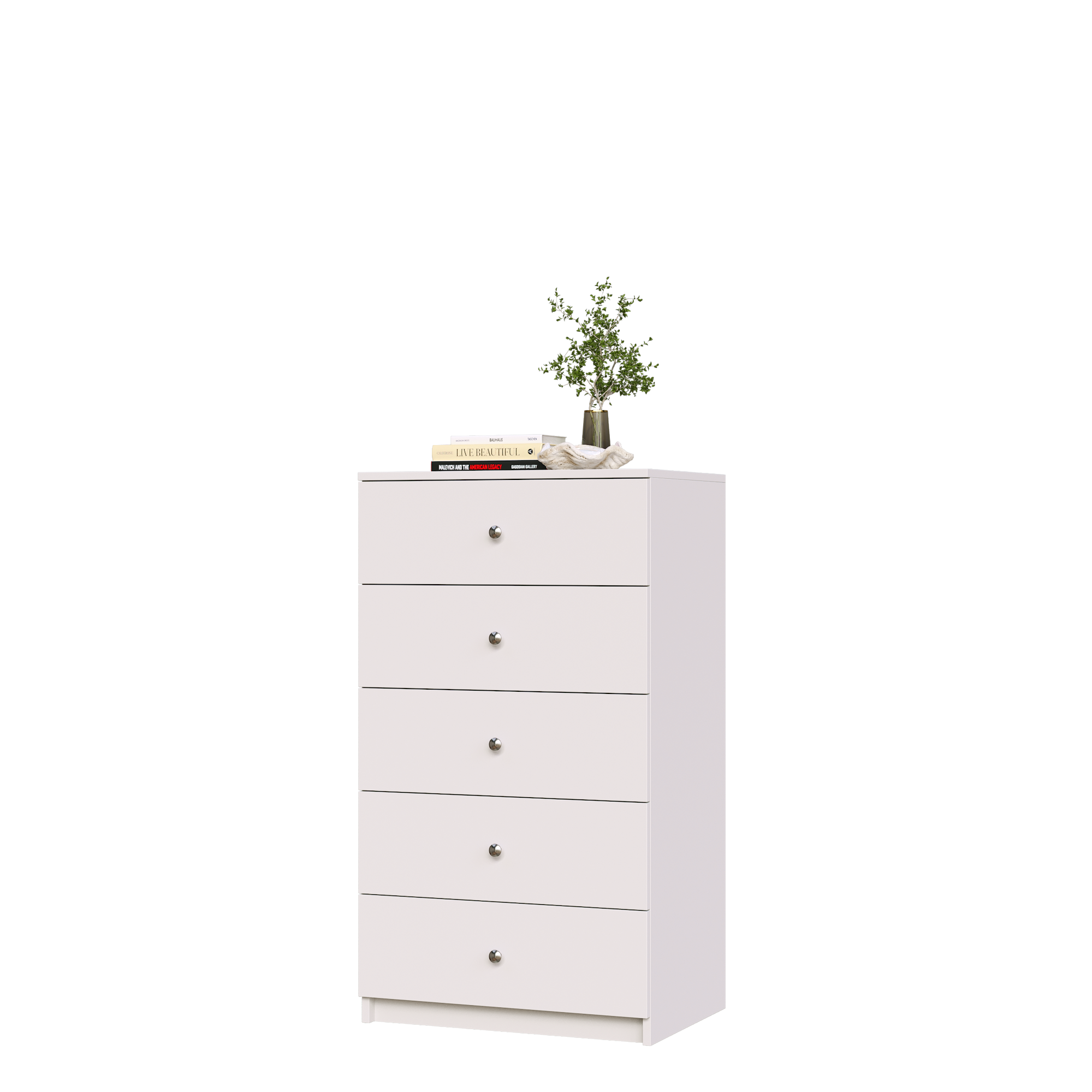 White closet drawer cabinet with slab fronts and top surface for jewelry or accessory display.