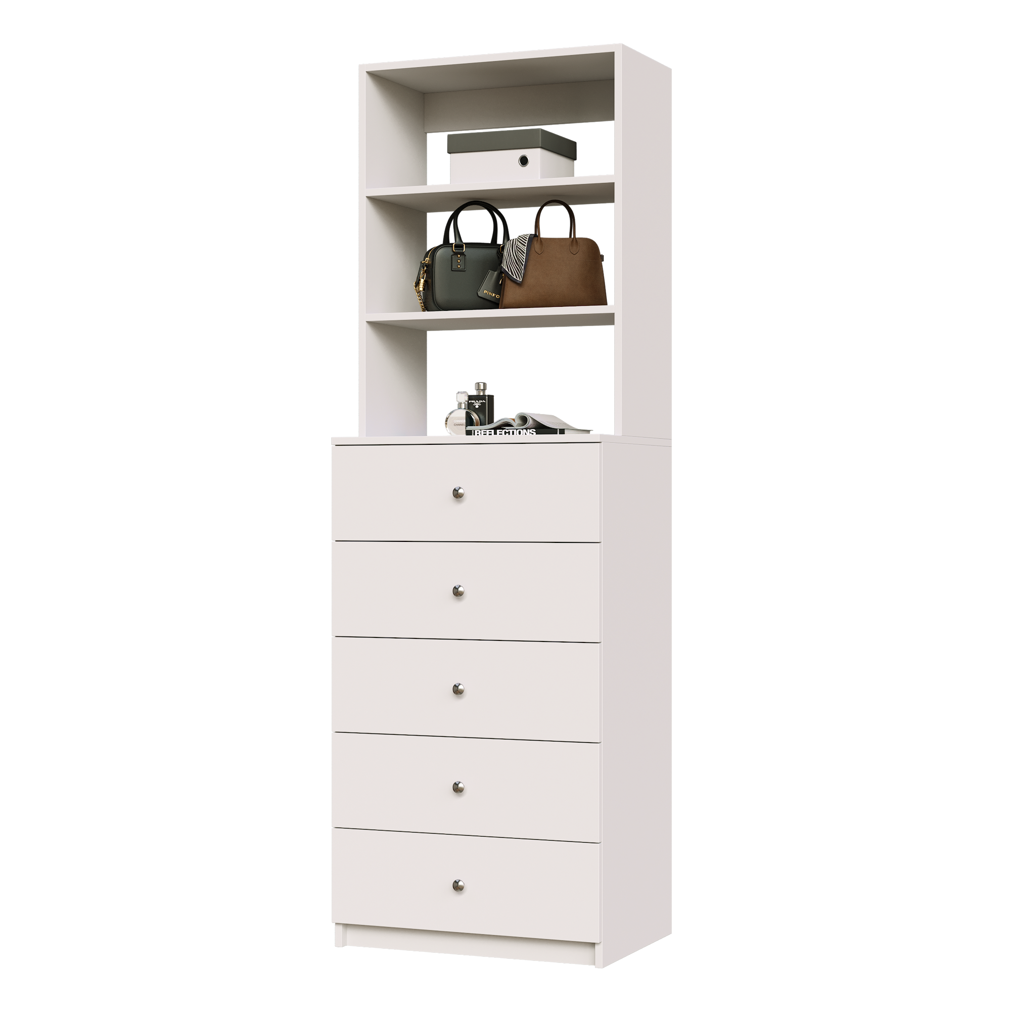 White closet drawer cabinet with slab fronts and top surface for jewelry or accessory display.