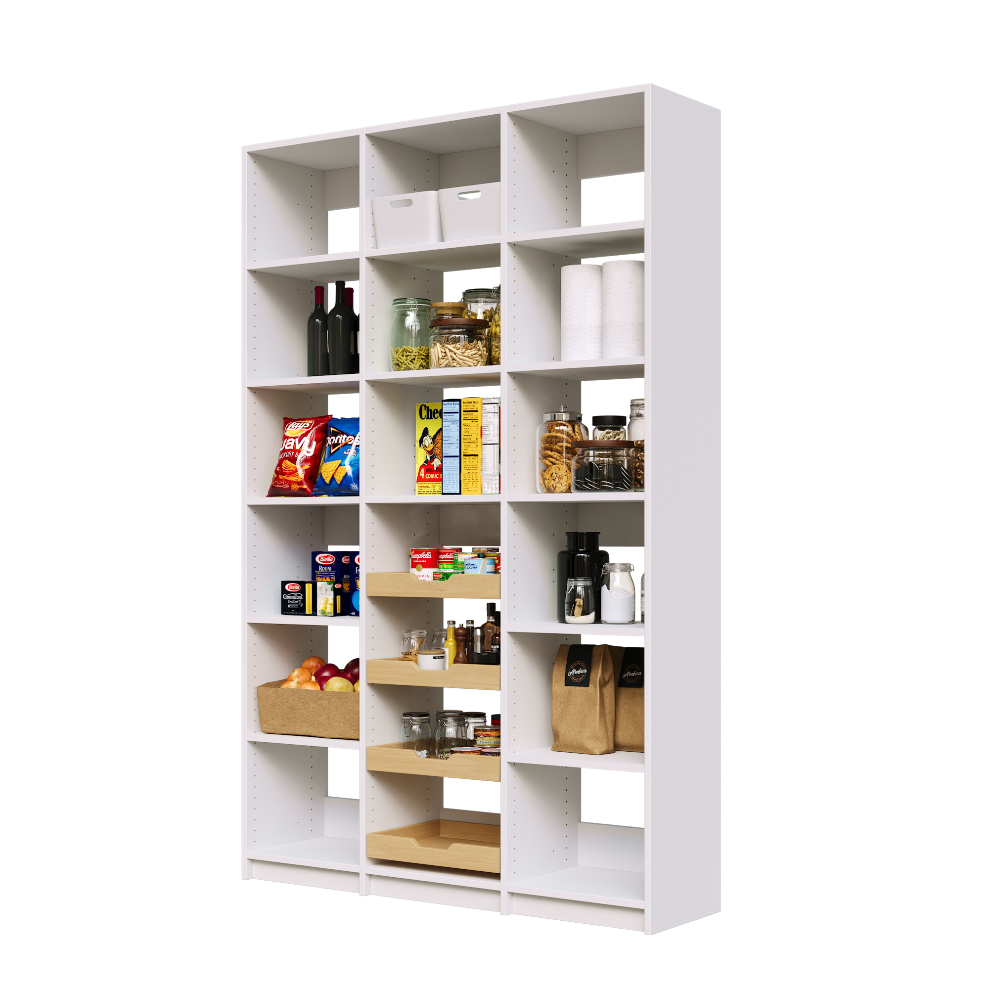 White 54 inch pantry shelving with four wood pull-out drawers.