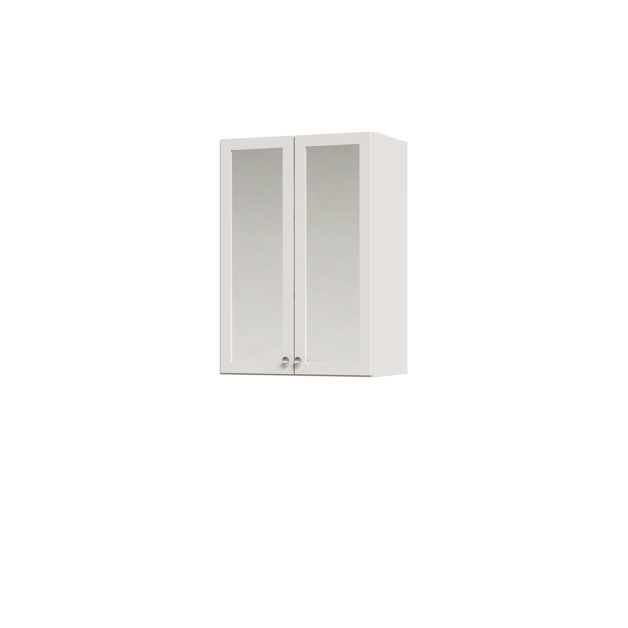 White 25.5 inch half closet doors with mirror panels covering modular tower shelving units.