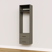 Grey slab 2-drawer hanging closet tower module with a hanging rod, two deep drawers, and an upper shelf for built-in closet systems.