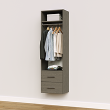 Grey slab 2-drawer hanging closet tower module with a hanging rod, two deep drawers, and an upper shelf for jacket and coat storage.