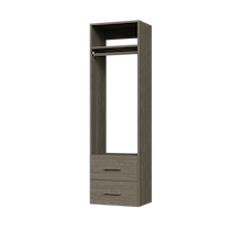 Grey slab 2-drawer hanging closet tower module with a hanging rod, two deep drawers, and an upper shelf for reach-in closet organization.