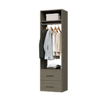 Grey slab 2-drawer hanging closet tower with a hanging rod, two deep drawers, and an upper shelf for closet organization.