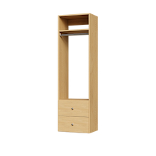 Natural oak slab 2-drawer hanging closet tower module with a hanging rod, two deep drawers, and an upper shelf for apartment closet organization.