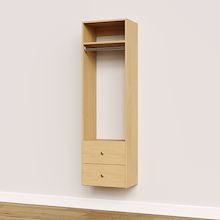 Natural oak slab 2-drawer hanging closet tower module with a hanging rod, two deep drawers, and an upper shelf for built-in closet systems.