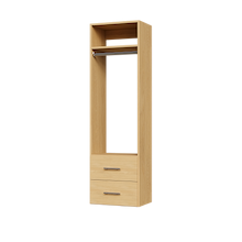 Natural oak slab 2-drawer hanging closet tower module with a hanging rod, two deep drawers, and an upper shelf for apartment closet organization.