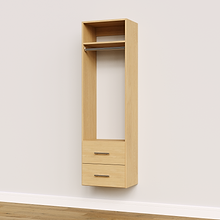 Natural oak slab 2-drawer hanging closet tower module with a hanging rod, two deep drawers, and an upper shelf for built-in closet systems.