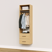 Natural oak slab 2-drawer hanging closet tower module with a hanging rod, two deep drawers, and an upper shelf for linen storage.