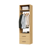 Natural oak slab 2-drawer hanging closet tower with a hanging rod, two deep drawers, and an upper shelf for closet organization.