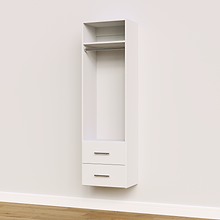 White slab 2-drawer hanging closet tower module with a hanging rod, two deep drawers, and an upper shelf for built-in closet systems.