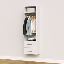 White slab 2-drawer hanging closet tower module with a hanging rod, two deep drawers, and an upper shelf for folded clothes storage.