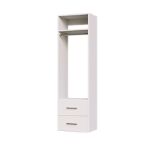 White slab 2-drawer hanging closet tower module with a hanging rod, two deep drawers, and an upper shelf for reach-in closet organization.