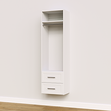 White shaker 2-drawer hanging closet tower module with a hanging rod, two deep drawers, and an upper shelf for built-in closet systems.