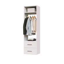 White shaker 2-drawer hanging closet tower with shaker style drawer fronts, a hanging rod, two deep drawers, and an upper shelf for closet organization.