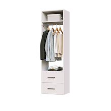 White slab 2-drawer hanging closet tower with a hanging rod, two deep drawers, and an upper shelf for closet organization.