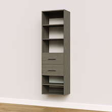 Grey slab 2-drawer closet shelf tower module designed with five open shelves and two deep drawers for built-in closet systems.