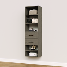 Grey slab 2-drawer closet shelf tower module with five open shelves and two deep drawers for folded garments storage.