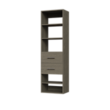 Grey slab 2-drawer closet shelf tower module featuring five open shelves and two deep drawers for reach-in closet organization.