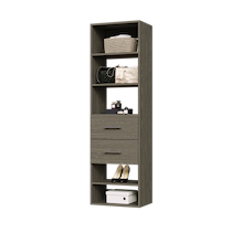 Grey slab 2-drawer closet shelf tower with five open shelves and two deep drawers for closet organization.
