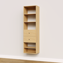 Natural oak slab 2-drawer closet shelf tower module with five open shelves and two deep drawers for built-in closet systems.