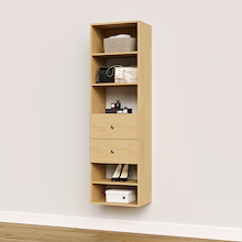 Natural oak slab 2-drawer closet shelf tower module designed with five open shelves and two deep drawers for linen storage.