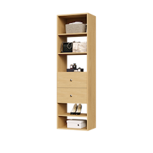 Natural oak slab 2-drawer closet shelf tower featuring five open shelves and two deep drawers for closet organization.