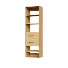 Natural oak slab 2-drawer closet shelf tower module with five open shelves and two deep drawers for apartment closet organization.