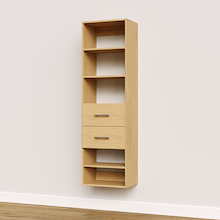 Natural oak slab 2-drawer closet shelf tower module with five open shelves and two deep drawers for built-in closet systems.