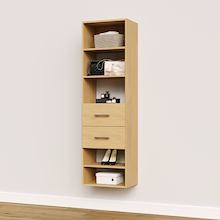 Natural oak slab 2-drawer closet shelf tower module designed with five open shelves and two deep drawers for linen storage.
