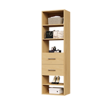 Natural oak slab 2-drawer closet shelf tower featuring five open shelves and two deep drawers for closet organization.