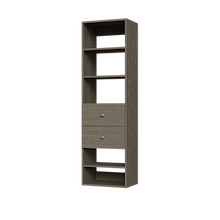 Grey slab 2-drawer closet shelf tower module featuring five open shelves and two deep drawers for reach-in closet organization.