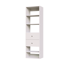 White slab 2-drawer closet shelf tower module with five open shelves and two deep drawers for reach-in closet organization.