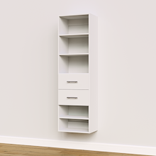 White slab 2-drawer closet shelf tower module with five open shelves and two deep drawers for built-in closet systems.