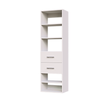 White slab 2-drawer closet shelf tower module with five open shelves and two deep drawers for reach-in closet organization.