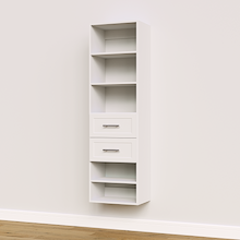 White shaker 2-drawer closet shelf tower module designed with five open shelves and two deep drawers for built-in wardrobe organization.