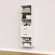 White shaker 2-drawer closet shelf tower module featuring five open shelves and two deep drawers for sweaters and folded clothing storage.