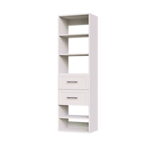 White shaker 2-drawer closet shelf tower module with five open shelves and two deep drawers for small closet organization.